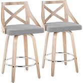 Charlotte 26" Swivel Counter Stool in White Washed Wood, Light Grey Fabric & Chrome (Set of 2)